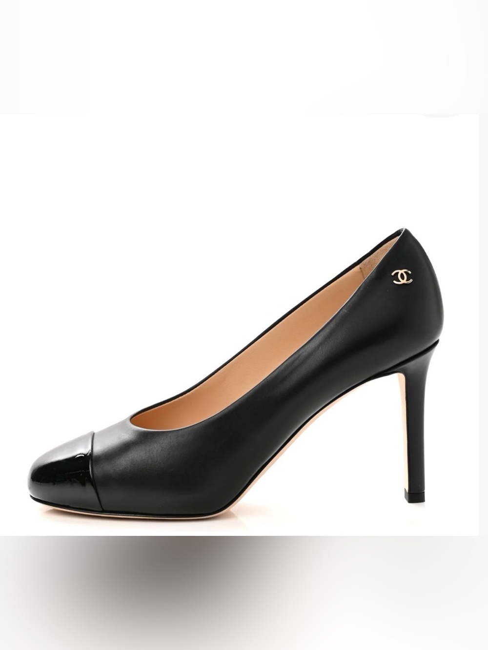 CHANEL Black Leather Logo High Heels Patent Leather Toe Size 39